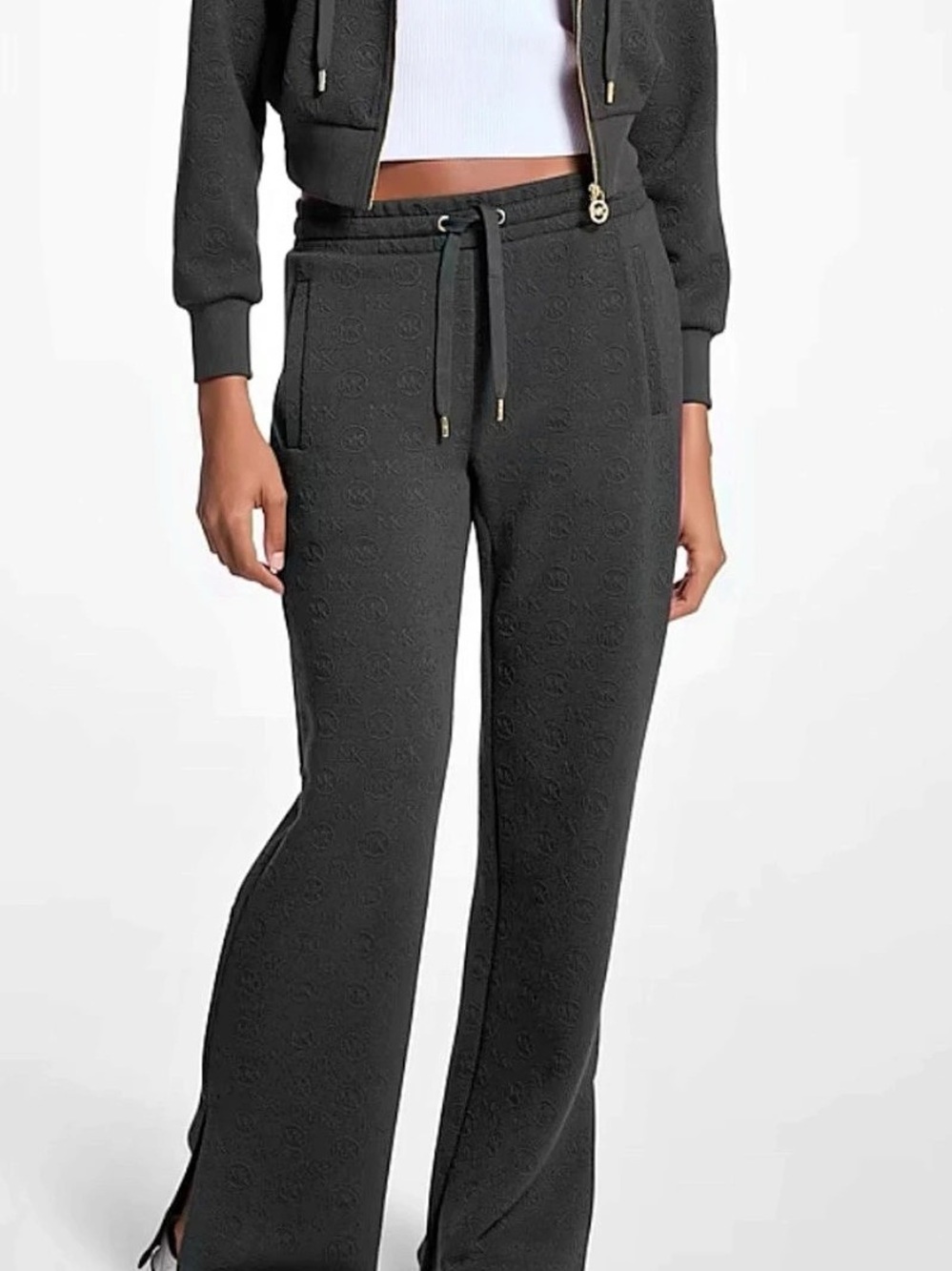 Michael Kors Logo Jacquard Knit Pants Wide-Leg Split Sides - Black